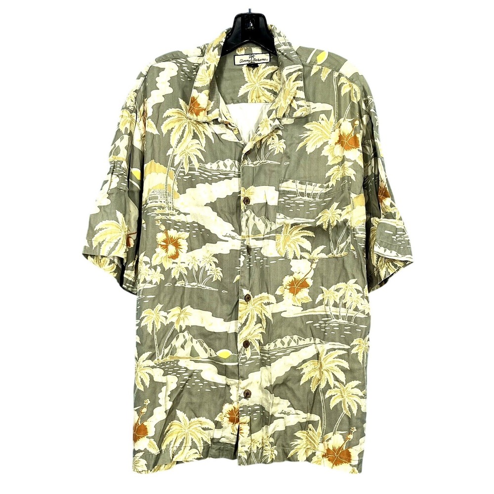 TOMMY BAHAMA Sage/Beige HAWAIIAN PRINT Relaxed Silk Button-Up CAMP SHIRT XL